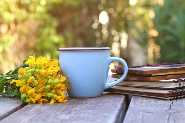 Bilden av anteckningsböcker bredvid fältet blommor — Stockfoto