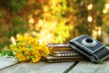 Vintage fotoğraf makinesi yanında dizüstü görüntü