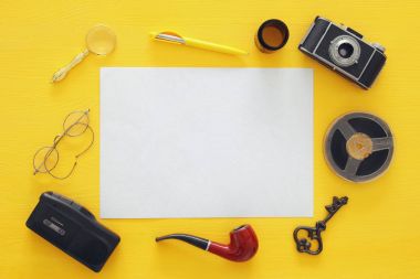 Üstten Görünüm görüntü eski fotoğraf makinesi, film ve kayıt cihazı