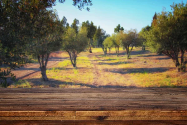 Mesa rústica vacía frente a un paisaje bokeh de ensueño — Foto de Stock