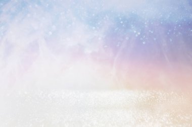 Glitter vintage ışıklar arka plan. Gümüş, mavi ve altın