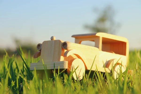 Staré dřevěné autíčko v trávě venku v parku při západu slunce — Stock fotografie
