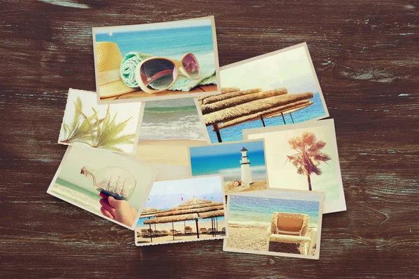 Vista superior de collage de fotos tropicales sobre fondo de madera —  Fotos de Stock