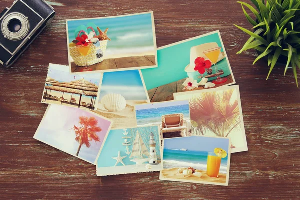 Top view of tropical photo collage on wooden background — Stock Photo, Image