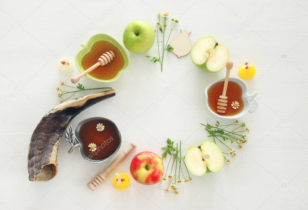 Rosh hashanah (jewish New Year holiday) concept. Traditional symbols