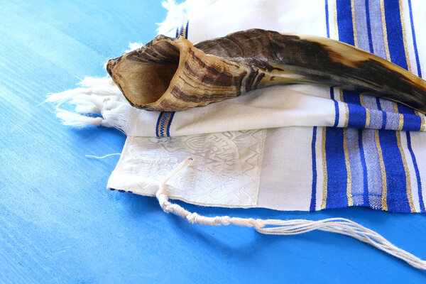 Prayer Shawl - Tallit and Shofar (horn) jewish religious symbol