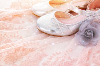 Vintage tül pembe şifon elbise ve ahşap beyaz zemin üzerinde gümüş Ayakkabı