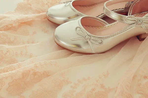 Szyfonowa sukienka Vintage Tiul różowy i srebrny buty na drewnianej podłodze biały — Zdjęcie stockowe