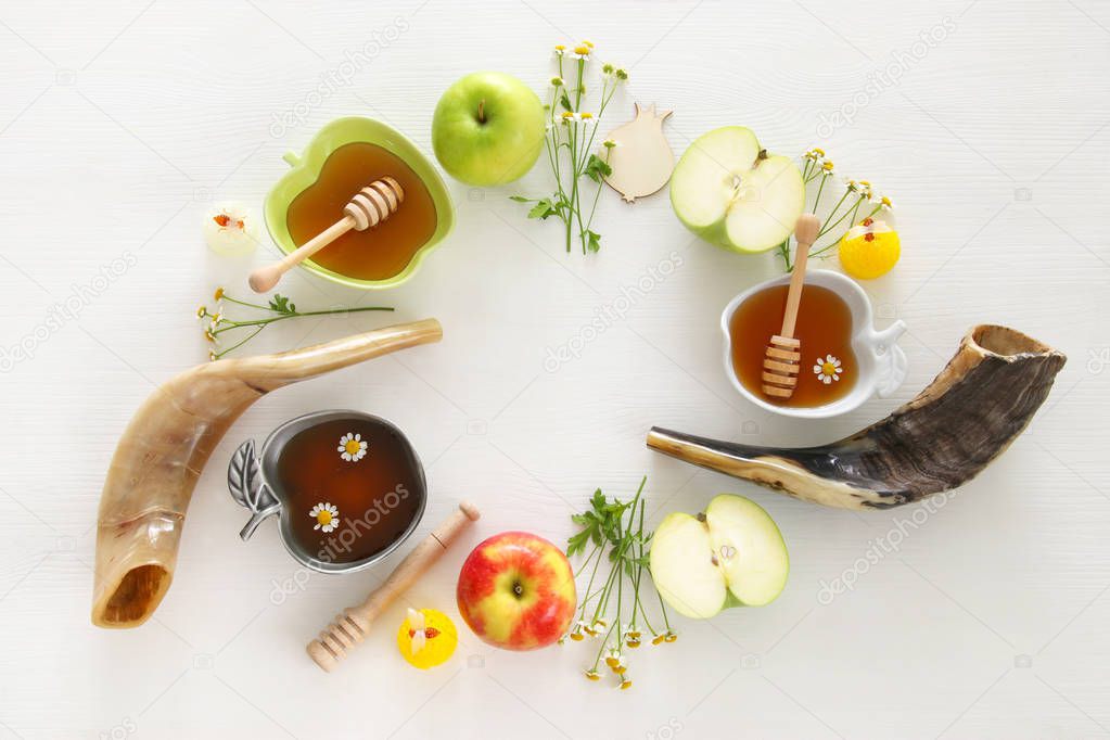 Rosh hashanah (jewish New Year holiday) concept. Traditional symbols