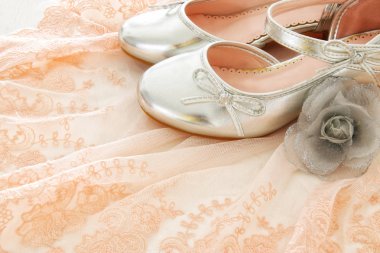 Vintage tül pembe şifon elbise ve ahşap beyaz zemin üzerinde gümüş Ayakkabı