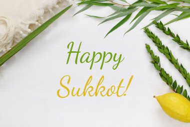 Jewish festival of Sukkot. Traditional symbols (The four species): Etrog, lulav, hadas, arava. clipart