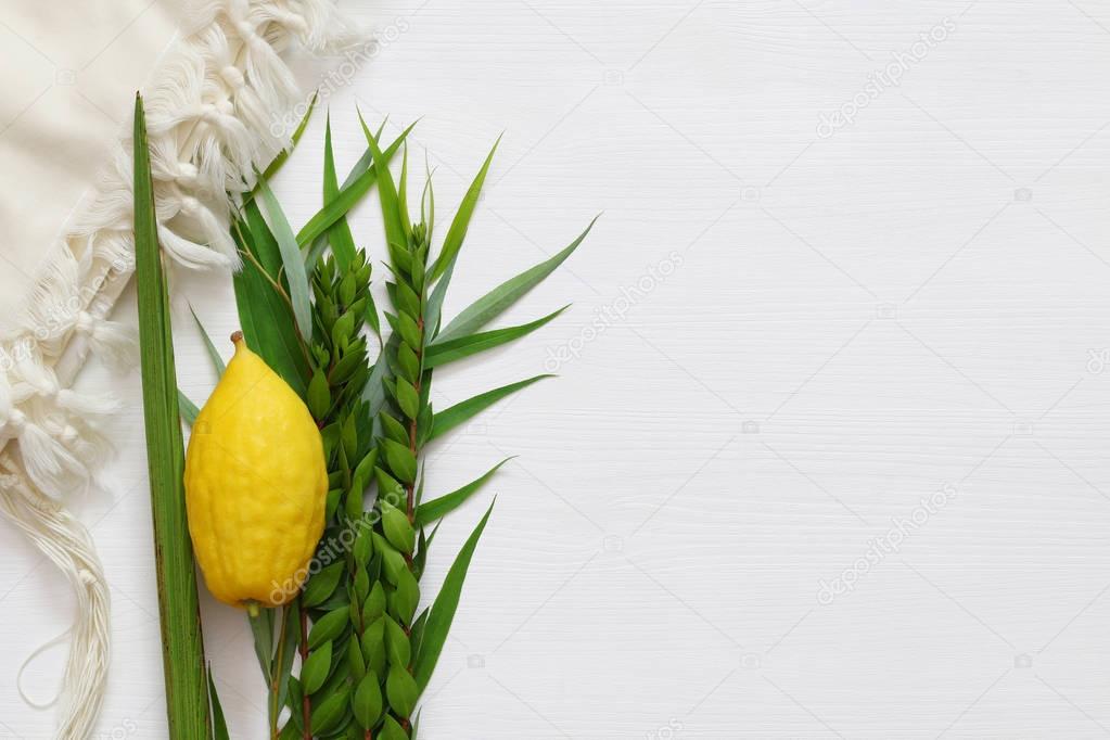 Jewish fall festival of Sukkot. Traditional symbols (The four species): Etrog, lulav, hadas, arava