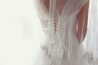 Düğün elbise ve peçe, arkadan ile güzel gelin