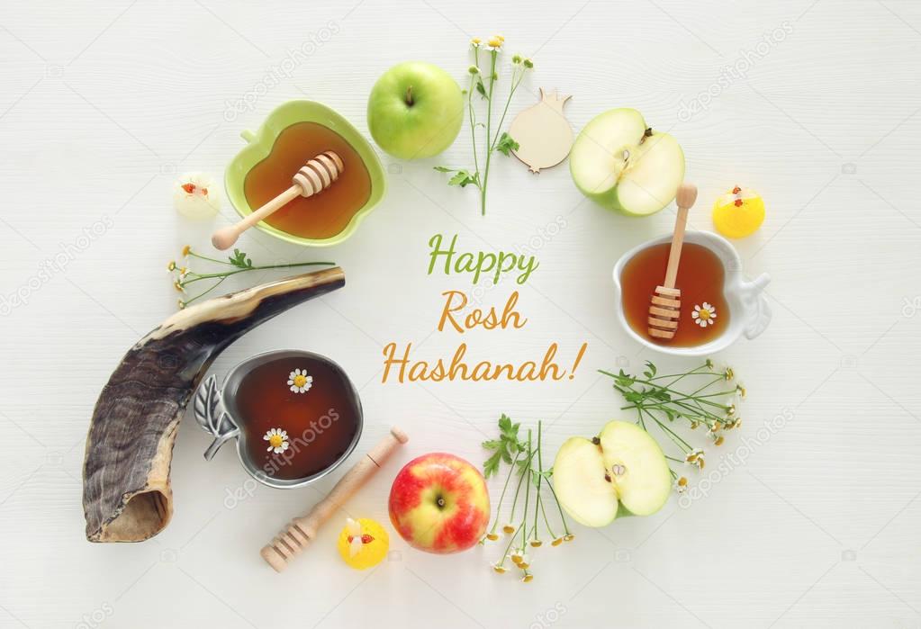 Rosh hashanah (jewish New Year holiday) concept. Traditional symbols