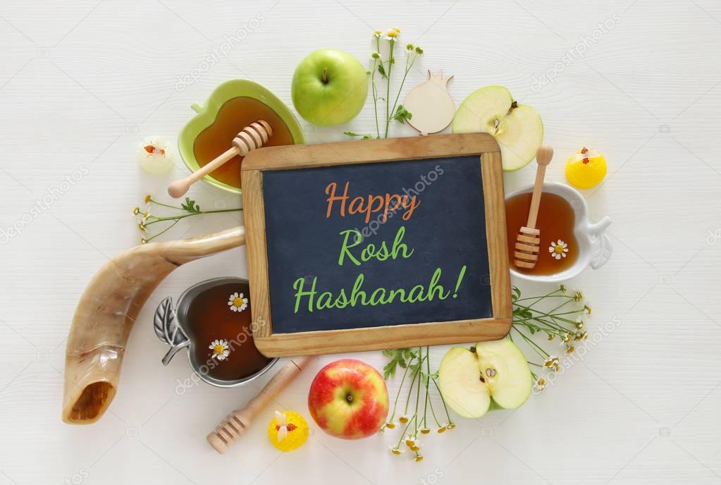 Rosh hashanah (jewish New Year holiday) concept. Traditional symbols.