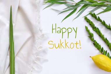 Sukkot Yahudi bayramı. Geleneksel Semboller (dört tür): Etrog, lulav, hadas, arava