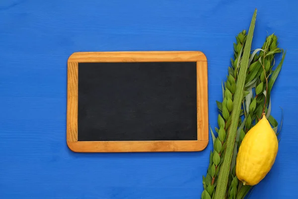 Jewish festival of Sukkot. Traditional symbols (The four species): Etrog, lulav, hadas, arava — Stock Photo, Image