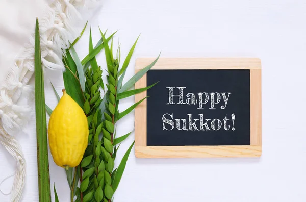 Sukkot Yahudi bayramı. Geleneksel Semboller (dört tür): Etrog, lulav, hadas, arava — Stok fotoğraf