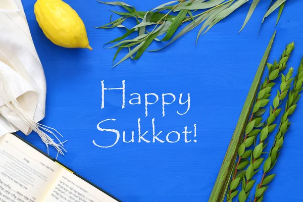 Sukkot Yahudi bayramı. Geleneksel Semboller (dört tür): Etrog, lulav, hadas, arava — Stok fotoğraf