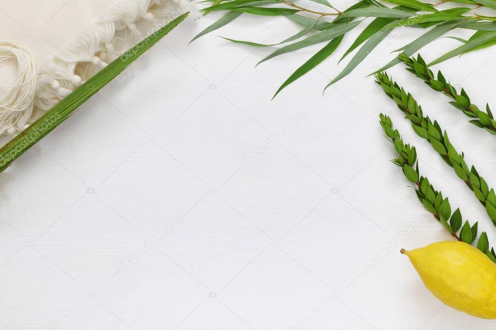 Jewish festival of Sukkot. Traditional symbols (The four species): Etrog, lulav, hadas, arava.