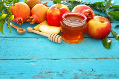 Rosh hashanah (Yahudi Yeni Yıl Tatili) konsepti. Geleneksel semboller.