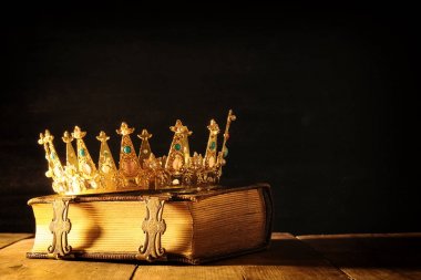 düşük anahtar Kraliçe/kral taç eski kitap. vintage filtre. fantezi Ortaçağ dönemi