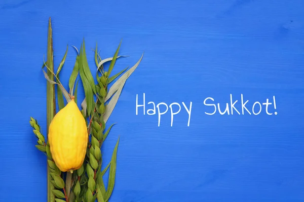 Upadek żydowskiego święto Sukkot. Tradycyjne symbole (cztery gatunki): Etrog, lulav, hadas, arava — Zdjęcie stockowe