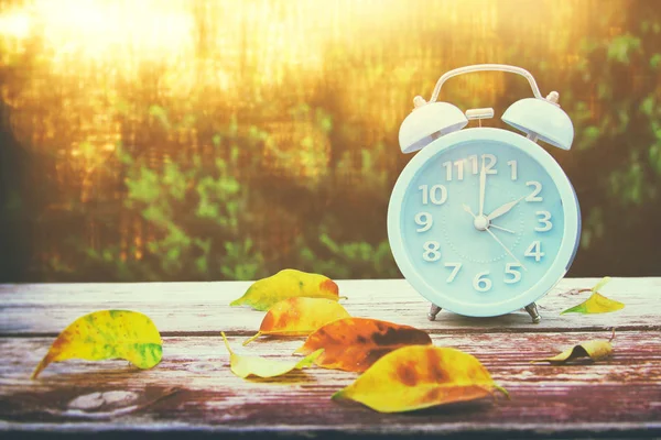 Image of autumn Time Change. Fall back concept. Dry leaves and vintage alarm Clock — Stock Photo, Image