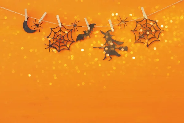 Halloween holiday concept top view scene over wooden background — Stock Photo, Image