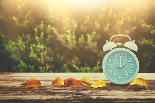 Bild av hösten tiden förändring. Falla tillbaka koncept. Torra löv och vintage väckarklockan på träbord — Stockfoto