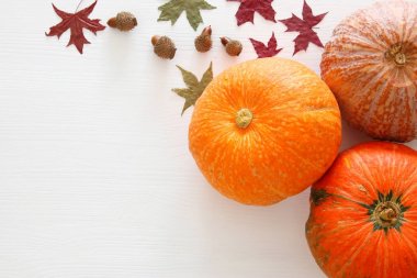 Kabaklar ve sonbahar yaprakları üzerinde ahşap arka plan. Şükran günü ve Cadılar Bayramı kavramı