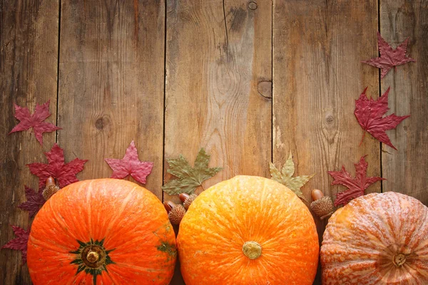 Sütőtök és őszi levelek fa háttér. Hálaadás és a halloween koncepció. Szemközti nézet — Stock Fotó