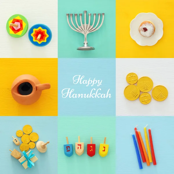 Férias judaicas Hanukkah colagem fundo com menorah tradicional (candelabro tradicional) e donut — Fotografia de Stock