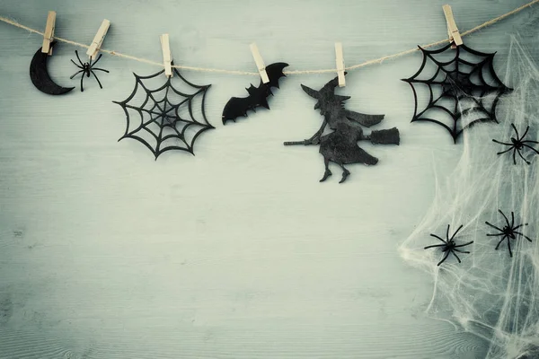 Halloween-Urlaubskonzept Draufsicht Szene über Holzhintergrund — Stockfoto