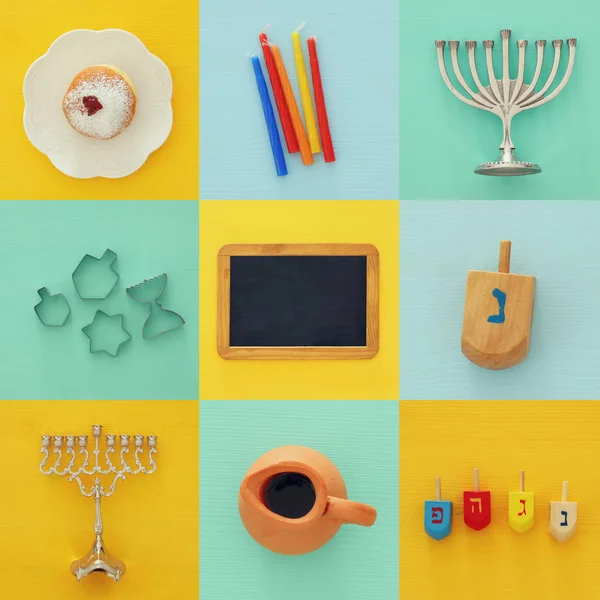 Joodse vakantie Hanukkah collage achtergrond met traditionele spinnig top, menora (traditionele kandelaar), donut en kaarsen — Stockfoto