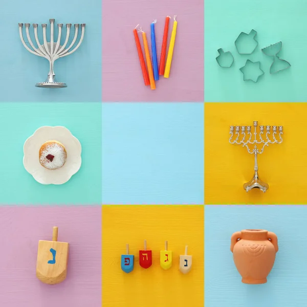 犹太节日光明节拼贴背景与传统棉纺顶部、 烛台 （传统烛台）、 甜甜圈和蜡烛 — 图库照片