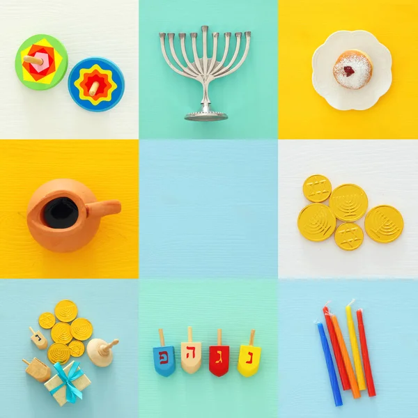 Judiska högtiden Hanukkah collage bakgrund med traditionella menorah (traditionella kandelabrar) och ringdiagram — Stockfoto