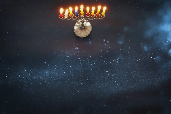Image of jewish holiday Hanukkah background with menorah (traditional candelabra) and burning candles — Stock Photo, Image