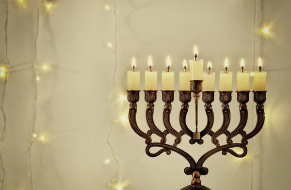 Image of jewish holiday Hanukkah background with menorah (traditional candelabra) — Stock Photo, Image