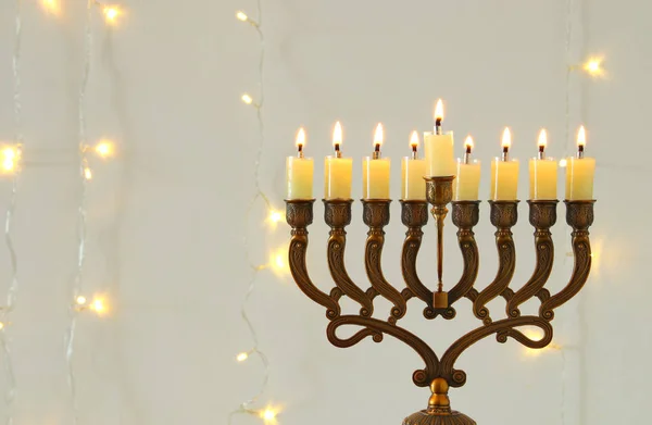 Image of jewish holiday Hanukkah background with menorah (traditional candelabra) — Stock Photo, Image