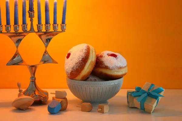 Image of jewish holiday Hanukkah background with menorah (traditional candelabra) and candles. — Stock Photo, Image