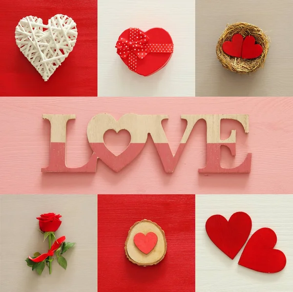 Valentine colagem de fundo dia. Corações, caixa de presente, ninho, rosa vermelha e cartas de AMOR . — Fotografia de Stock