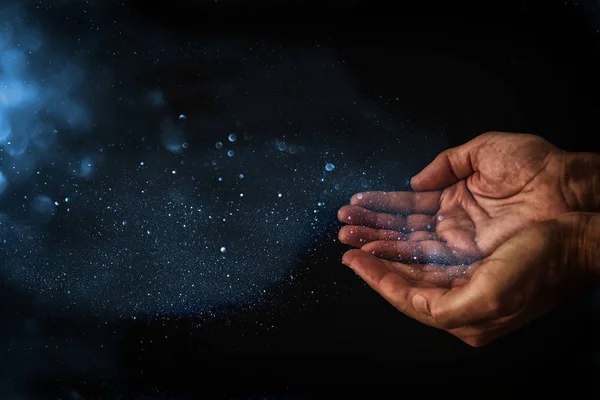 Closeup hands of man begging for help. concept for poverty or hunger, seeking for light in the dark. — Stock Photo, Image