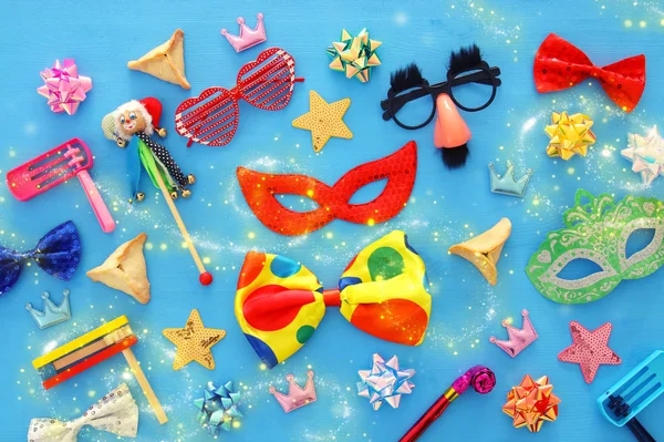 Purim celebration concept (jewish carnival holiday). Top view. — Stock Photo, Image