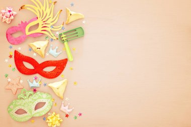 Purim kutlama kavramı (Yahudi karnaval tatil). Üstten Görünüm.
