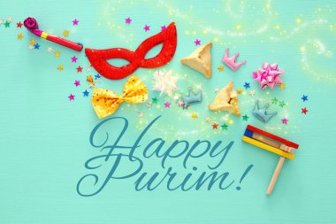 Purim kutlama kavramı (Yahudi karnaval tatil). Üstten Görünüm.