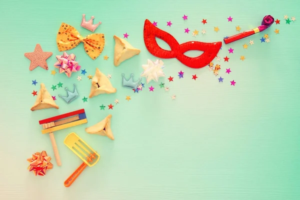 Purim celebration concept (jewish carnival holiday). Top view. — Stock Photo, Image