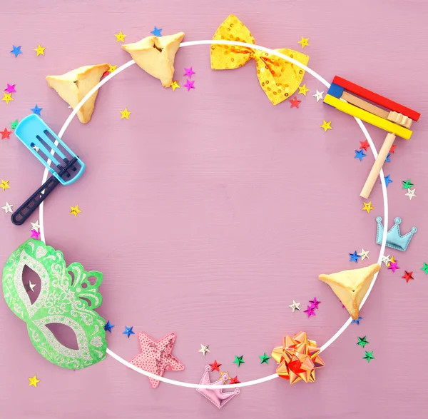 Purim celebration concept (jewish carnival holiday). Top view. — Stock Photo, Image