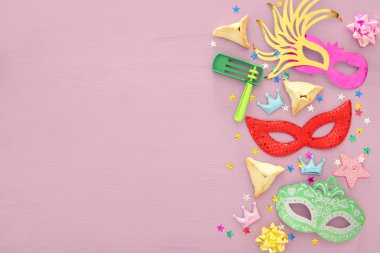 Purim kutlama kavramı (Yahudi karnaval tatil). Üstten Görünüm.
