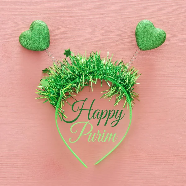 Top view image of funny party head glitter accessory with hearts. Flat lay. Purim celebration concept (jewish carnival holiday). — Stock Photo, Image